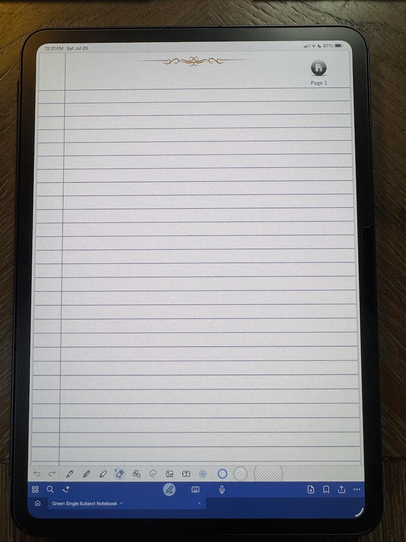 May include: A digital tablet displaying a lined notebook page with the text "Green Single Subject Notebook". The screen shows a time stamp and battery life indicator. A decorative scroll design is at the top.