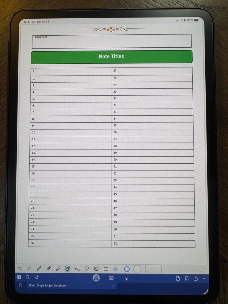 May include: A digital tablet displaying a notebook page with a green header labeled "Note Titles." The page is divided into numbered rows, from 1 to 52, for note-taking. The tablet is black with a wooden background.