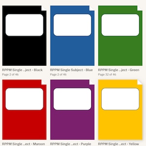 May include: A selection of digital document templates in colours such as black, blue, green, maroon, purple, and yellow. Each document features a white rectangular label and the text "RPPM Single ...ject" and page numbers.