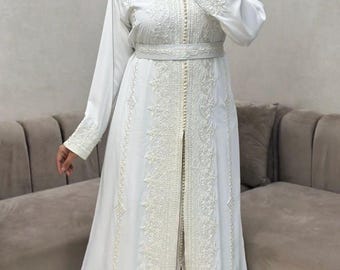 OFF-White Moroccan Kaftan l Moroccan Wedding Caftan, Elegant Modest Bridal Dress, 2 Piece White Nikkah dress, Eid & Special Occasion Outfit
