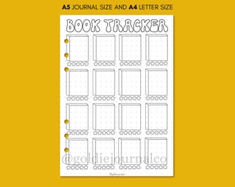 May include: A black and white printable book tracker with the text "BOOK TRACKER" in a retro font. The tracker has 15 boxes for listing books, each with five stars for rating.