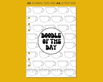 May include: A black and white printable journal page with a dotted background and a repeating pattern of cups. The text "Doodle of the Day" is in a large, bold font.