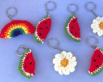 Crochet Watermelon, Flower and Rainbow Keychains