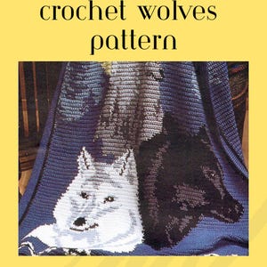 May include: A crochet pattern for a blanket featuring three wolves. The blanket has a blue background with a white wolf, a black wolf, and a gray wolf. The text "crochet wolves pattern" is at the top of the image.