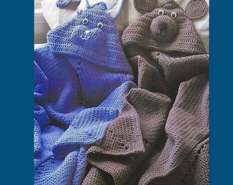 Vintage Crochet Bear and Bunny Afghan Pattern (PDF Pattern)Hooded Blanket