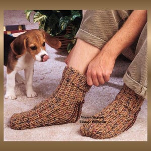 May include: A pair of brown and multi-colored knitted socks. The socks are being put on. A beagle dog is in the background. The text "Beessia Designs Vintage Collection" is visible on the image.