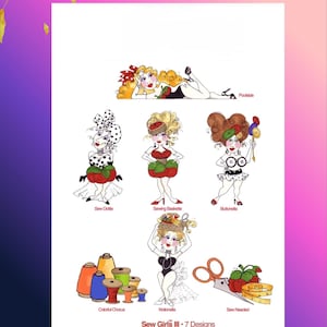 Può includere: Un design digitale per ricamo a macchina con illustrazioni di personaggi a tema cucito. Il design include il testo "Machine Embroidery" e "Sew Girls III • 7 Designs", insieme a vari elementi di cucito.