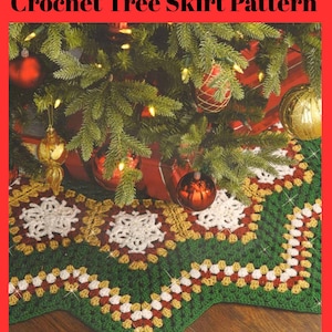 May include: A crocheted Christmas tree skirt with a green base and a decorative pattern of white, gold, and burgundy. The text "Crochet Tree Skirt Pattern" is at the top. The skirt is under a decorated Christmas tree.