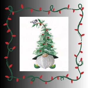 May include: Embroidered Christmas gnome with a green tree-shaped hat, red berries, and a white beard. A small bird perches on a branch at the top. The image is framed with a green border of Christmas lights.