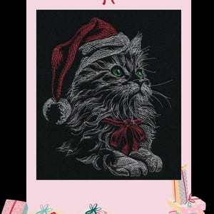 May include: Embroidered image of a cat wearing a Santa hat and a red bow on a black background. The cat has green eyes and white fur. The image is framed in pink with gift boxes at the bottom.