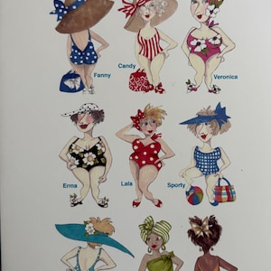 May include: A sheet featuring nine cartoon illustrations of women in swimsuits and hats. The text "Loralie Designs MACHINE EMBROIDERY" is at the top. The illustrations are labeled "Fanny", "Candy", "Veronica", "Erma", "Lala", "Sporty", "Warm Up", "Ling", and "Sunshine". The text "Bathing Beauties • 9 Designs" is at the bottom.