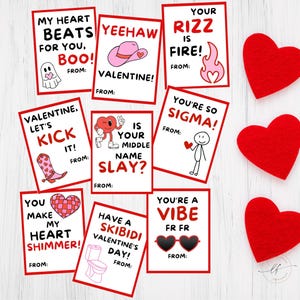 Divertenti biglietti di San Valentino stampabili per bambini, biglietti di San Valentino in gergo per la classe, biglietti di San Valentino in classe per ragazzi, divertenti biglietti stampabili Rizz Skibidi Sigma