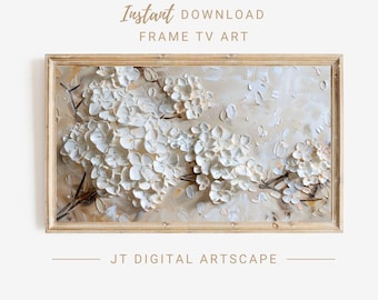Cornice per TV con ortensie bianche rustiche, pittura a olio, opera d&#39;arte vintage, decorazione per soggiorno, regalo per inaugurazione della nuova casa, download immediato