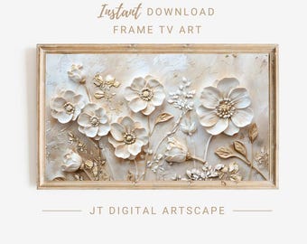 Cornice per TV con motivo floreale beige rustico, pittura a olio, decorazione artistica vintage, ambiente soggiorno, regalo per inaugurazione della nuova casa, download immediato