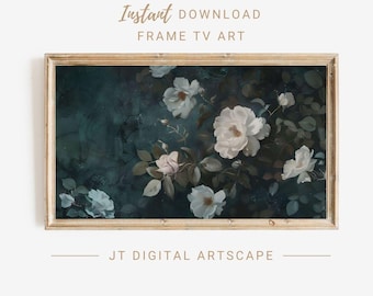 Cornice per TV con rose selvatiche, decorazione artistica con pittura a olio, decorazione vintage, ambiente soggiorno, regalo per inaugurazione della nuova casa, retro blu, download immediato