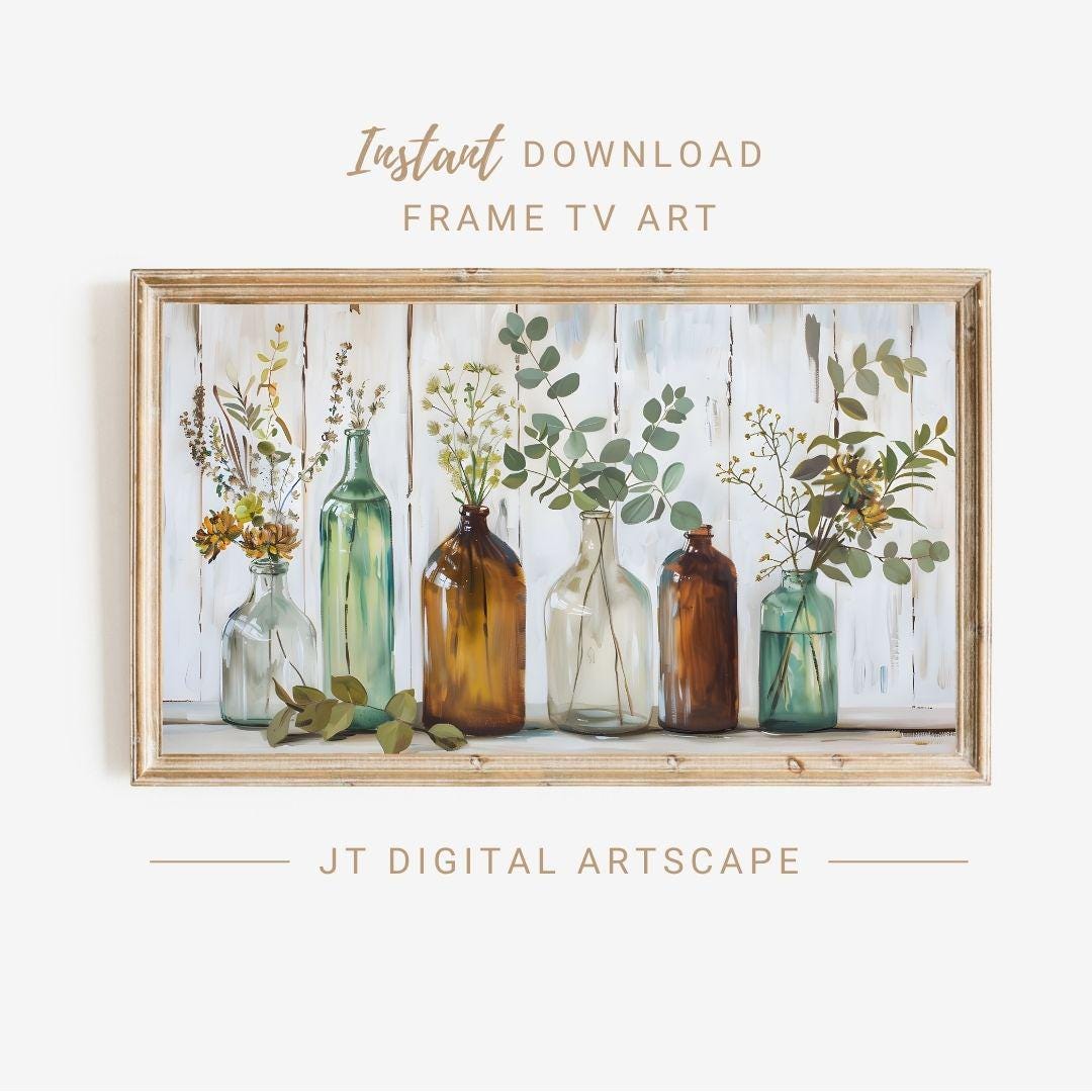 Vasi rustici da fattoria, cornice in eucalipto, TV, pittura a olio, opere d'arte vintage, decorazione per soggiorno, regalo per inaugurazione della nuova casa, download immediato