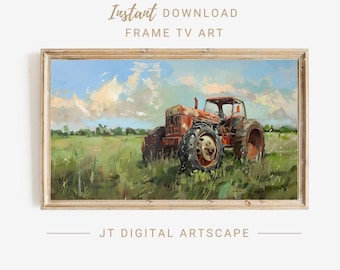 Trattore rustico da fattoria in cornice da campo, TV, pittura a olio, opera d&#39;arte vintage, decorazione per soggiorno, regalo per inaugurazione della nuova casa, download immediato