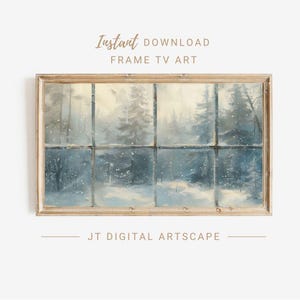 May include: A digital painting of a snowy forest scene viewed through a window with a wood frame. The painting is in muted blue and white tones, with a soft, dreamy feel.