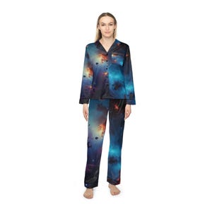 Cosmic Women's Satin Pajamas - Luxurious Astro Loungewear, Space-Themed Sleepwear, Perfect for Relaxing, Gift for Her, Stargazing Nights