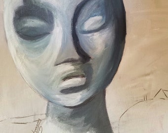 May include: A close-up of a blue and white abstract painting of a face with closed eyes. The painting is on a canvas and has a textured surface. The artist's signature, "Beulah Sweeney", is visible in the lower left corner.