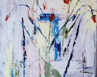 May include: Abstract painting of flowers in shades of pink, white, blue, green, and red. The painting has a textured, brushstroke effect. The artist's signature, "Benito Sweeney", is in the bottom right corner.