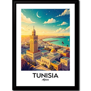 Affiche de voyage en Tunisie, art cadeau en Afrique du Nord, téléchargement numérique PNG, décoration de voyage numérique, art mural, oeuvre d'art pour la maison, décoration d'intérieur, cadeau de voyage