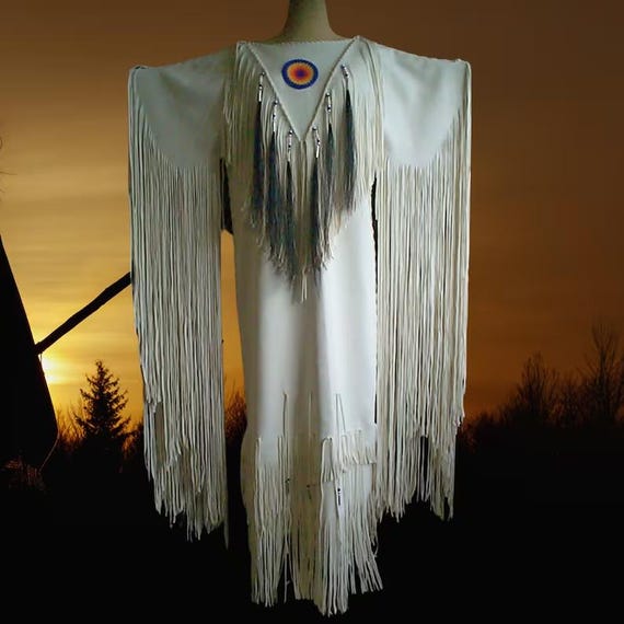 White Cowhide Leather Fringe Dress: Beaded Powwow Regalia