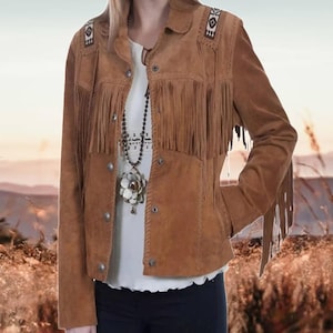 Giacca da donna in pelle scamosciata con frange, giacca vintage western con frange, giacca in pelle da donna, vera pelle scamosciata, giacca western
