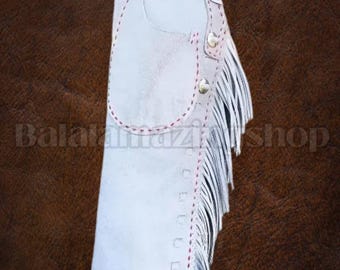 White Leather Chaps | Handmade Western Fringe Chinks with Red Stitching | Cowboy Rodeo Riding Gear