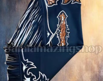 Schwarze Rodeo Chaps: Punzierte Leder & Weiße Fransen - Westernbekleidung für Erwachsene