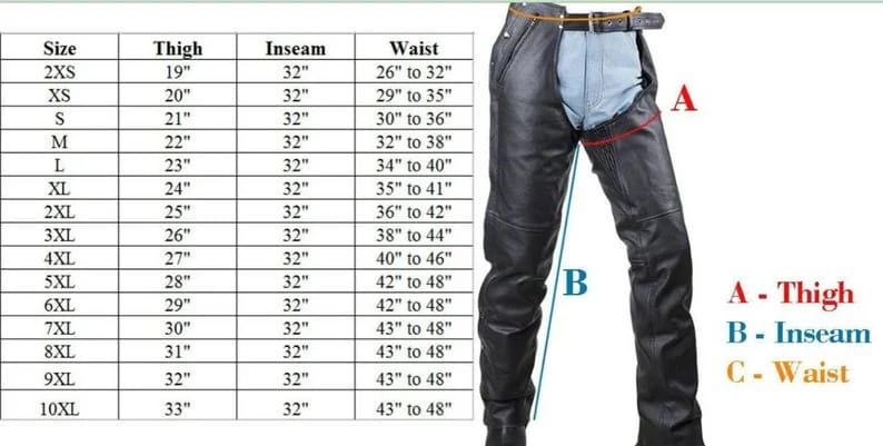 May include: Black leather motorcycle chaps with a size chart showing thigh, inseam, and waist measurements in inches. The chart ranges from 2XS to 10XL. The image also labels the thigh, inseam, and waist.