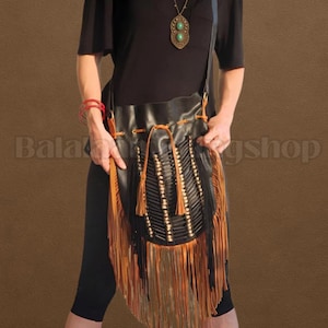 Black Leather Fringe Crossbody Bag | Boho Tribal Handmade Shoulder Purse with Beads & Bone