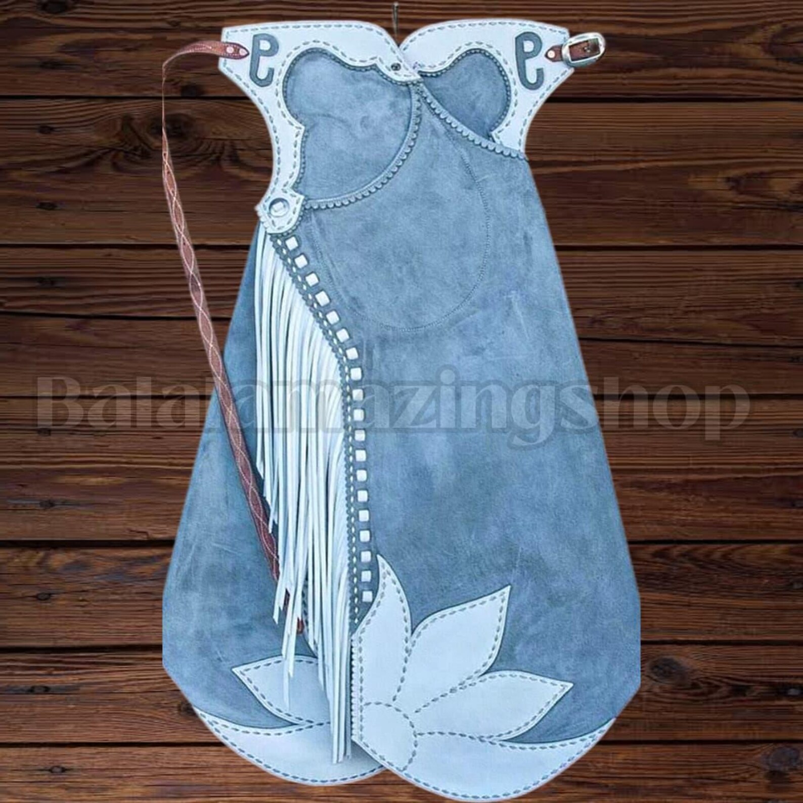Custom Blue Rodeo Chaps With White Fringe & Floral Appliqué – Handmade ...