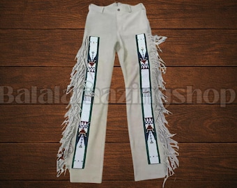 Authentic Western Men’s Leather Fringe Pants | Handmade Cowboy Suede Chaps | Native Buckskin Festival Trousers