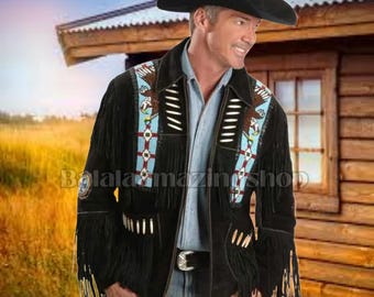 Men Suede Leather  Handmade Braided Beads Crafted Men&#39;s Western Jacket - Black Leather Men Jacket Cowboy Leather Jacket