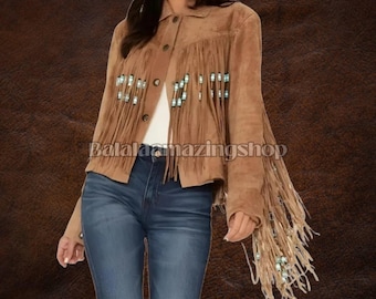 Fringe Suede Women&#39;s Jacket , Beaded Fringes Western Vintage Jacket Ladies Leather Jacket, Genuine Suede Leather