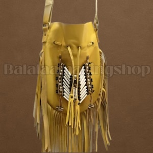 Handmade Fringe Leather Shoulder Bag | Boho Native Style Crossbody with Bone & Beads