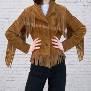Giacca da donna in pelle scamosciata con frange, giacca vintage western con frange, giacca in pelle da donna, vera pelle scamosciata, giacca western