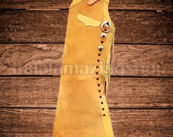 Western Rodeo Riding Chinks with Fringe, Silver Conchos & Pocket – Handmade Ranch Gear