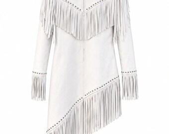 May include: A white long-sleeve jacket featuring a pointed collar, a full-length front zipper, and silver-toned metal studs along the collar, shoulders, and hem. The garment is adorned with long fringe detailing across the chest and cuffs.