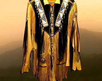 Men's Yellow Western Fringe Jacket – Native Inspired Beaded Cowboy Coat – Suede Rodeo Outfit