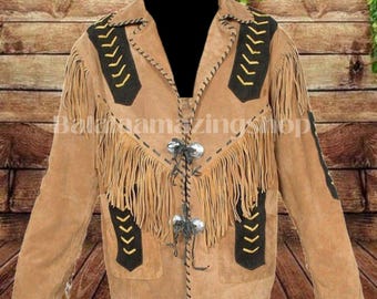 May include: A brown suede jacket with fringe detailing and black and yellow stitching. The jacket has a button closure and a pointed collar.