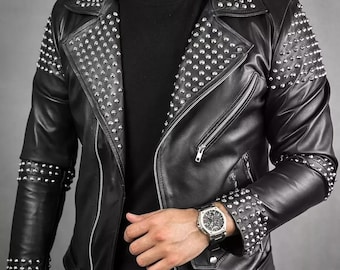 Studded Leather Biker Jacket - Men&#39;s Genuine Cowhide - Motorcycle Style