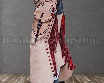 Chaparreras de cuero de rodeo personalizadas: estilo vaquero occidental con flecos rojos y herramientas