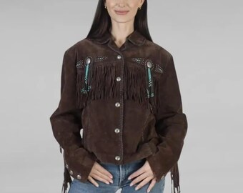 Vintage Braune Wildleder Fransenjacke | Türkis Detail, Boho Cowgirl