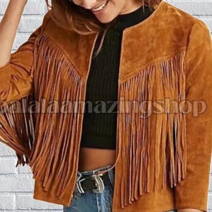 Veste femme en daim à franges faite main, veste en cuir western vintage à franges pour femmes, cuir suédé véritable