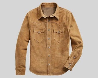 Men Suede Trucker Jacket Vintage Apparel Real Suede Leather Scully Western Shirt Tan Trucker Cowboy Shirt