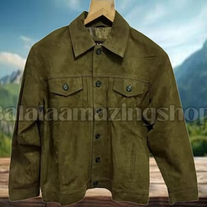 Men&#39;s Olive Green Suede Button-Down Jacket: Lightweight Fall Outerwear