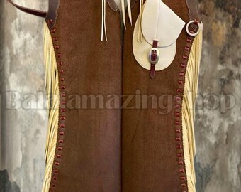 Handgefertigte Wildleder Cowboy Chaps mit Fransen & Schnallenbeutel: Western Rodeo Zahnrad