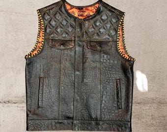 Men's Black Crocodile Embossed Leather Biker Vest – Quilted Gothic Punk Style